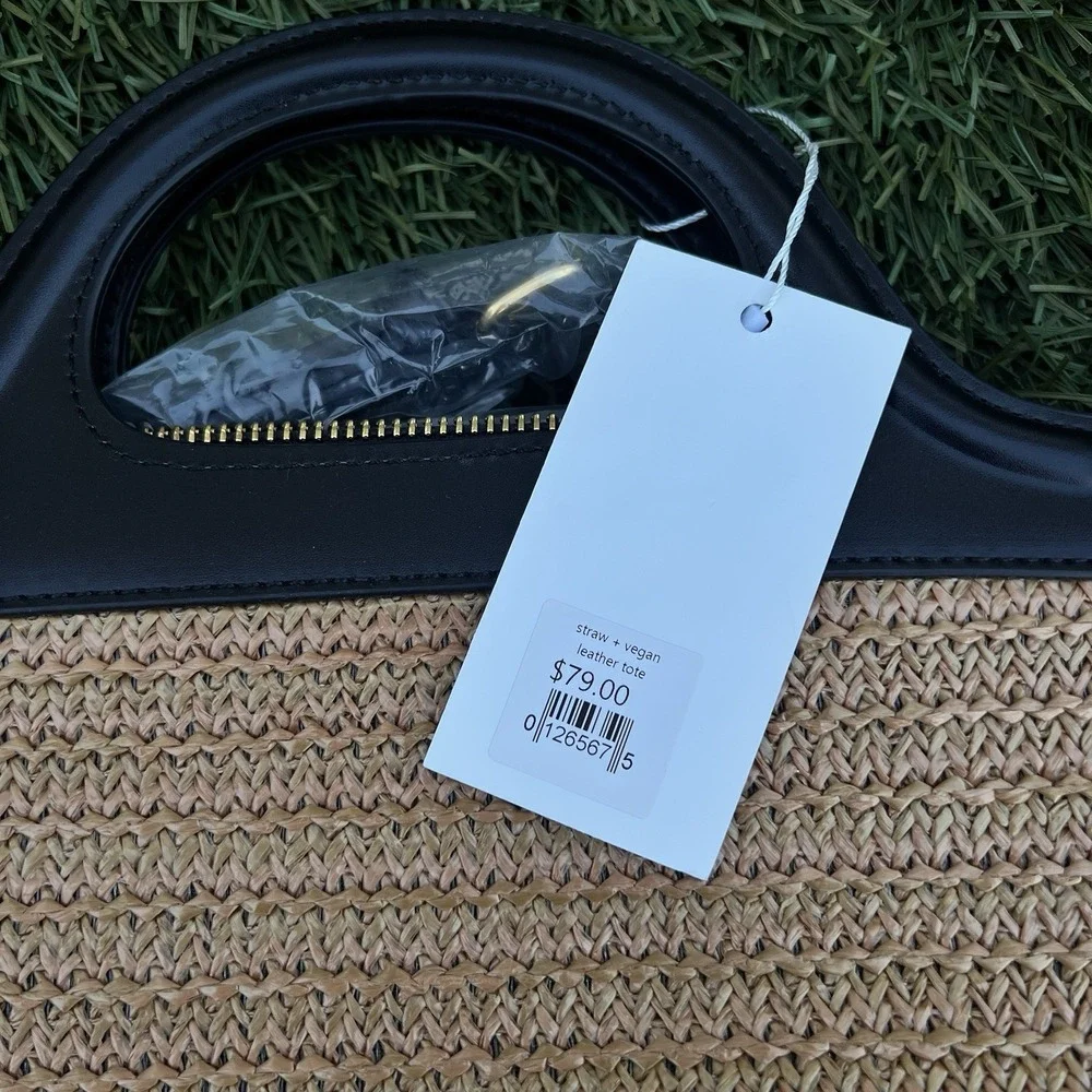 Melie Bianco Straw + Vegan Leather Tote Bag, Black Trim, NWT